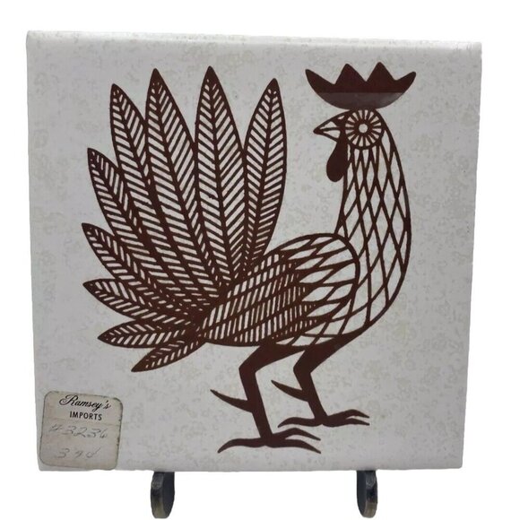 Vintage Rooster Ceramic Tile Chicken Brown Ivory Mexico Dal-Tile Rodeo 4.25 " - Picture 1 of 13